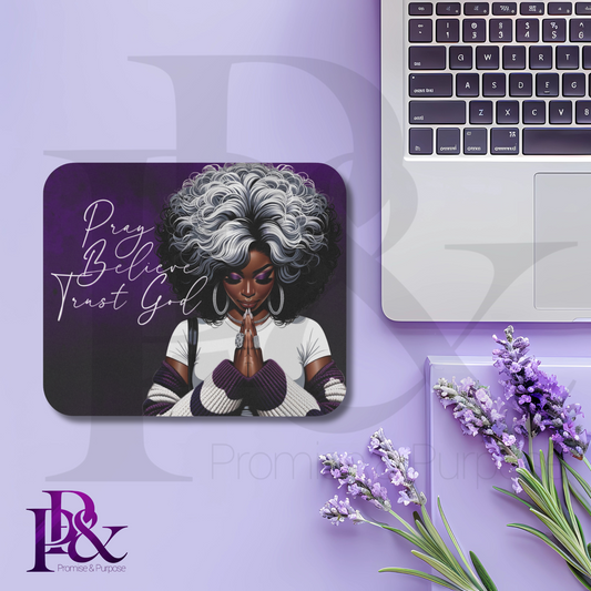 Pray Believe Trust God Purple Mouse Pad | Faith-Based Desk Decor | PBTGW23