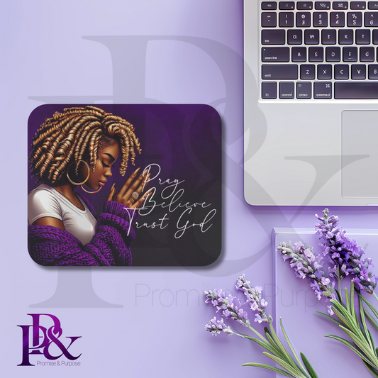 Pray Believe Trust God Purple Mouse Pad | Faith-Based Desk Decor | PBTGW25