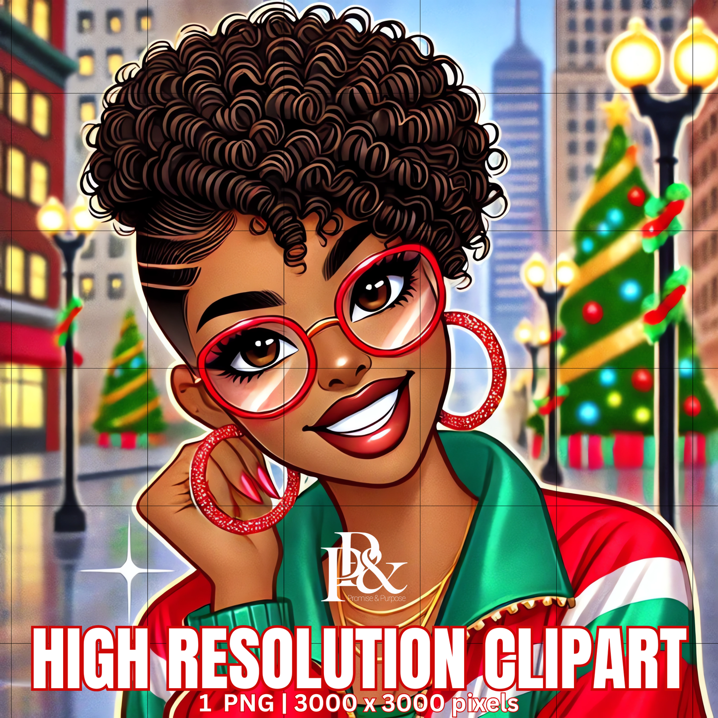 Festive 80’s Black Woman Clipart – Retro Christmas Tracksuit PNG | Holiday Afrocentric Digital Art for Mugs, Shirts & Wall Prints | FRA02