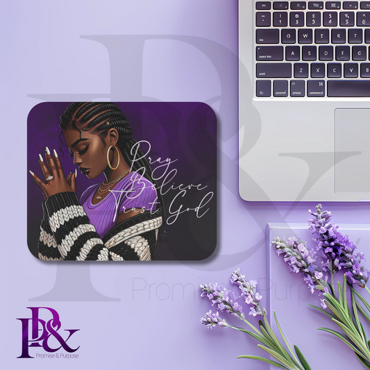 Pray Believe Trust God Purple Mouse Pad | Faith-Based Desk Decor | PBTGW02