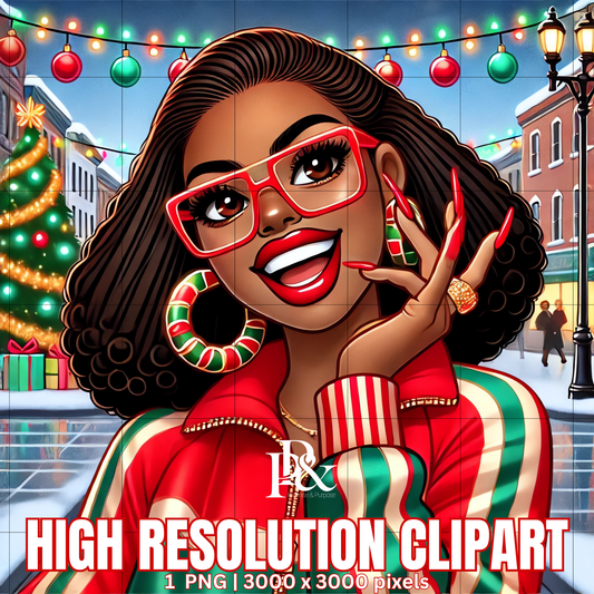 Festive 80’s Black Woman Clipart – Retro Christmas Tracksuit PNG | Holiday Afrocentric Digital Art for Mugs, Shirts & Wall Prints | FRA06