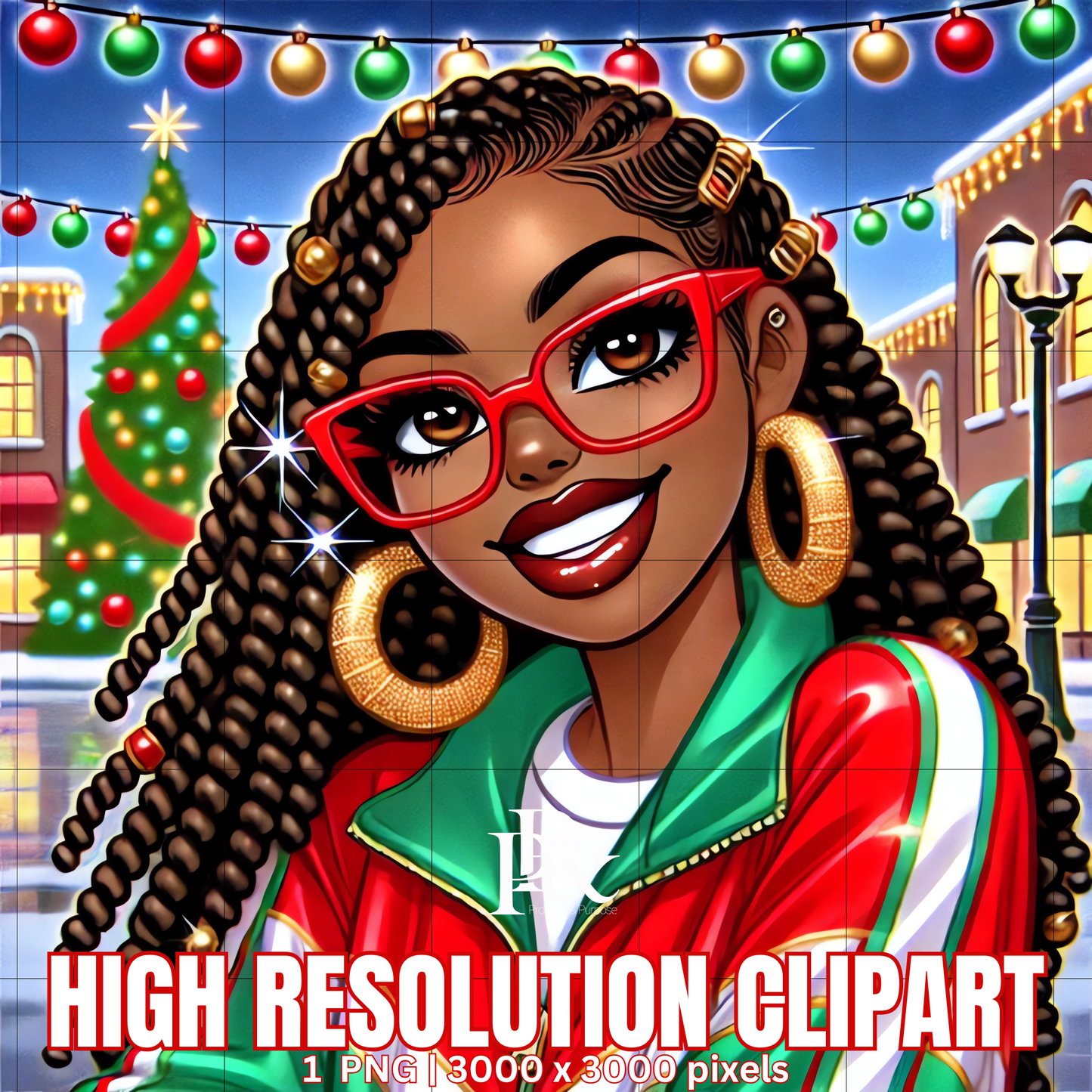 Festive 80’s Black Woman Clipart – Retro Christmas Tracksuit PNG | Holiday Afrocentric Digital Art for Mugs, Shirts & Wall Prints | FRA07