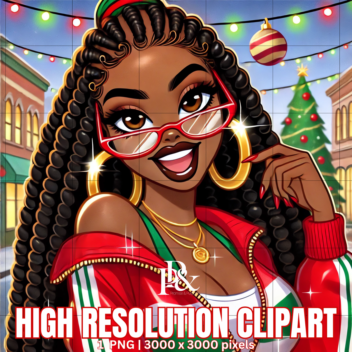 Festive 80’s Black Woman Clipart – Retro Christmas Tracksuit PNG | Holiday Afrocentric Digital Art for Mugs, Shirts & Wall Prints | FRA08