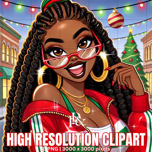 Festive 80’s Black Woman Clipart – Retro Christmas Tracksuit PNG | Holiday Afrocentric Digital Art for Mugs, Shirts & Wall Prints | FRA08
