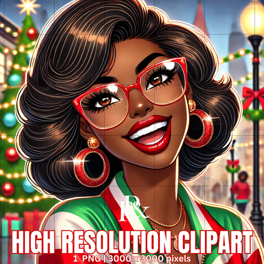 Festive 80’s Black Woman Clipart – Retro Christmas Tracksuit PNG | Holiday Afrocentric Digital Art for Mugs, Shirts & Wall Prints | FRA09
