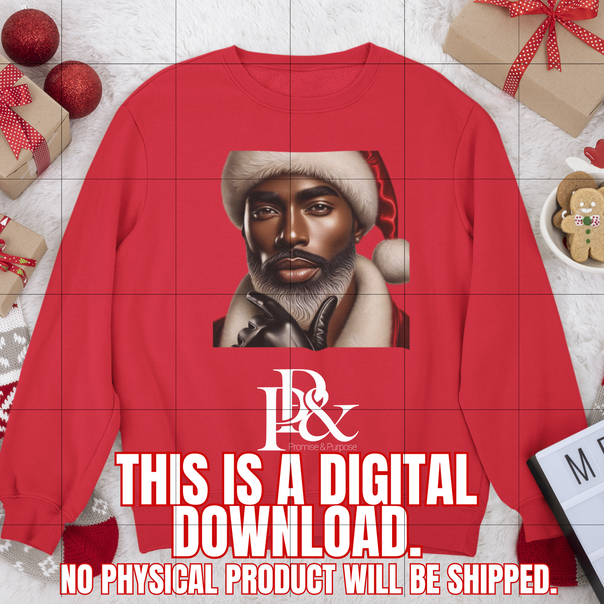 Red sweatshirt with a graphic of a man wearing a Santa hat, surrounded by Christmas-themed items.