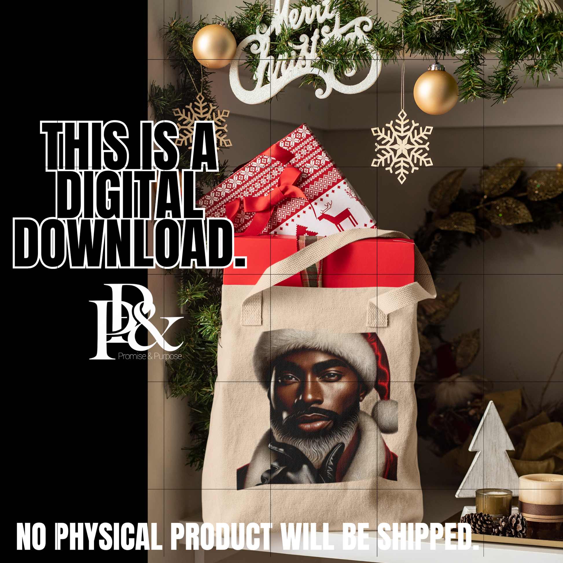 Digital download graphic with Christmas-themed elements and a portrait of a man wearing a Santa hat.