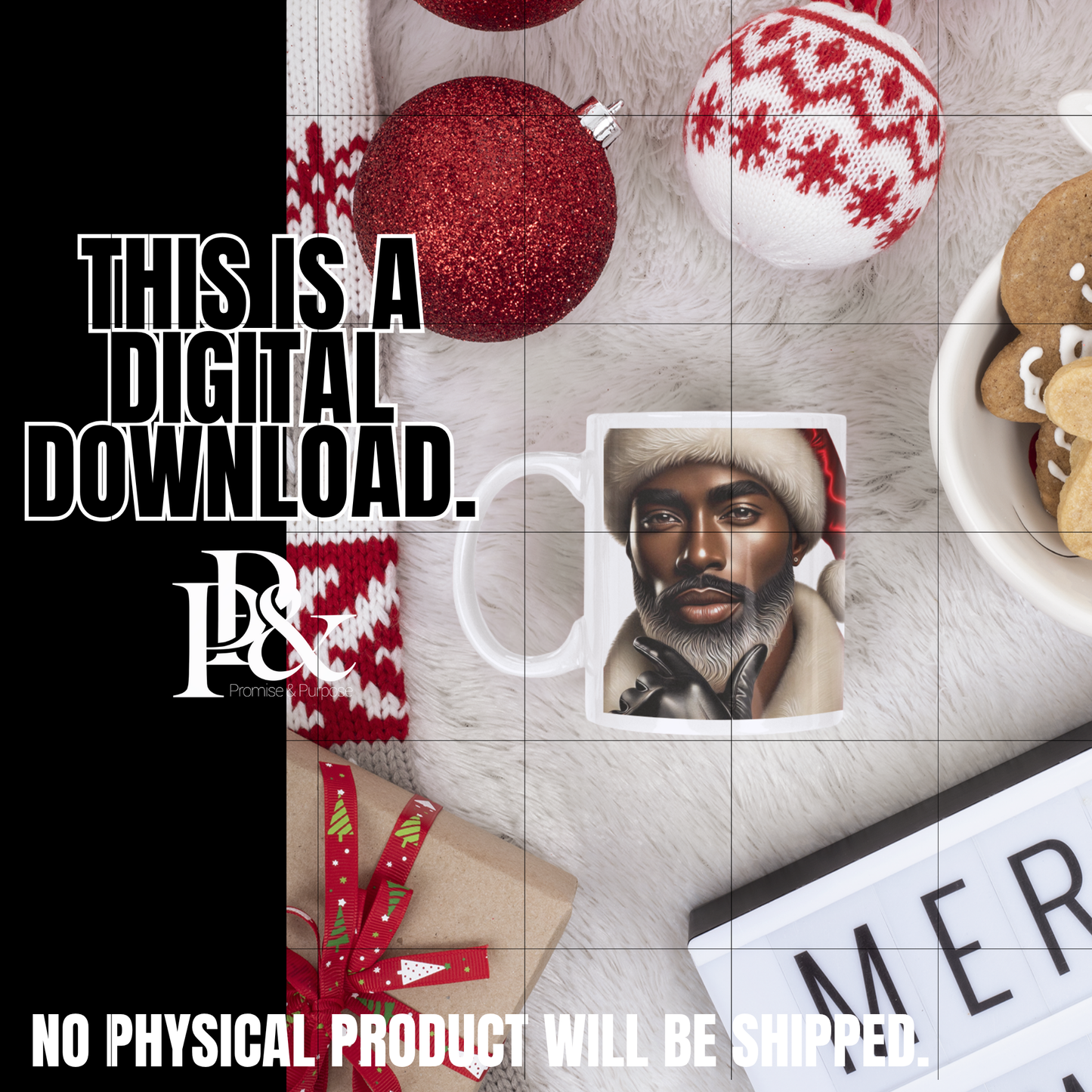 Digital download graphic with Christmas-themed elements and a mug featuring a printed image.