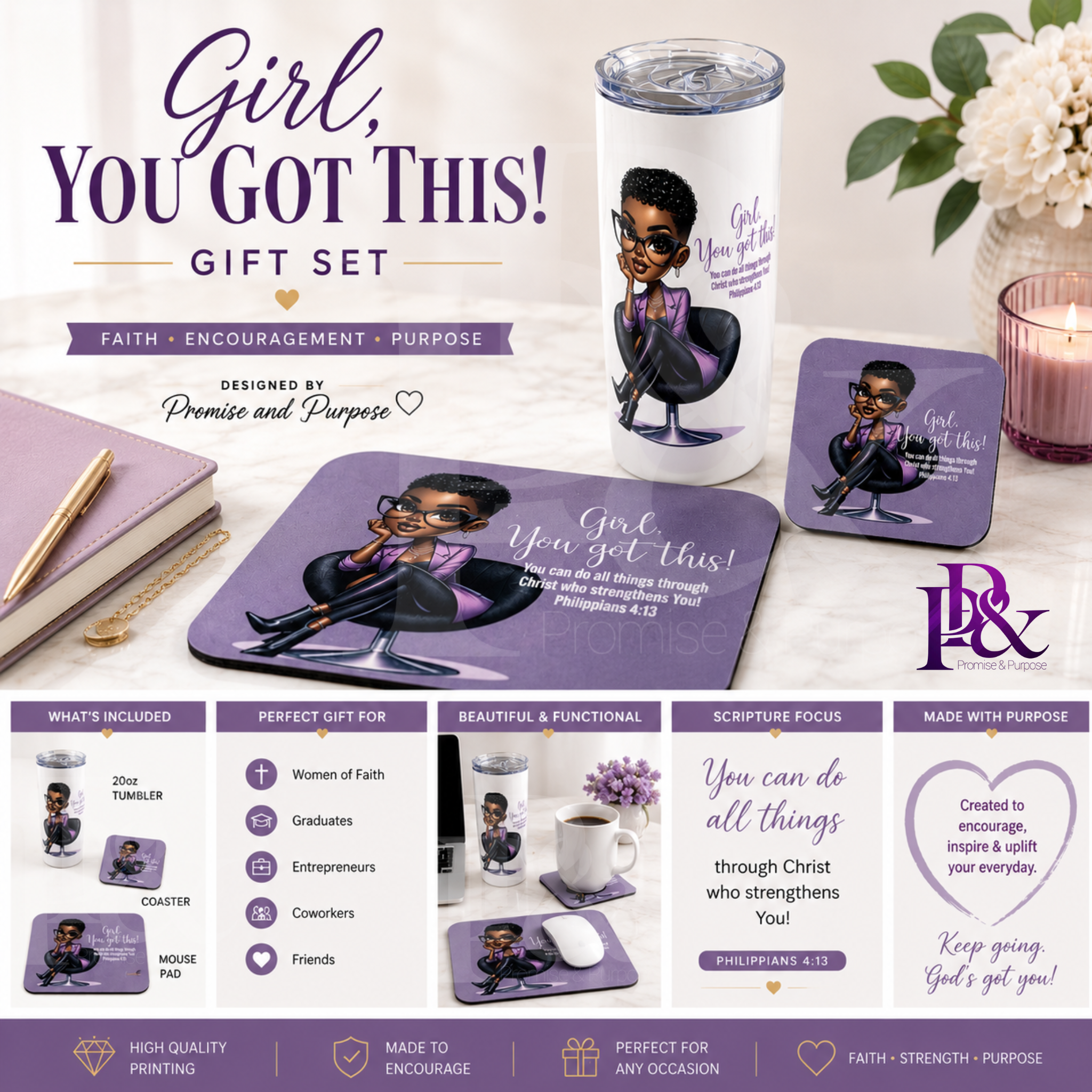 Girl You Got This Gift Set (Violet) - Tumbler Mousepad & Coaster | GYM-001