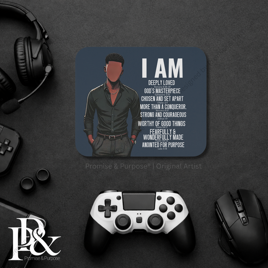 I Am Scripture Affirmation by Promise and Purpose mousepad for faith office desk decor and workspace inspiration
