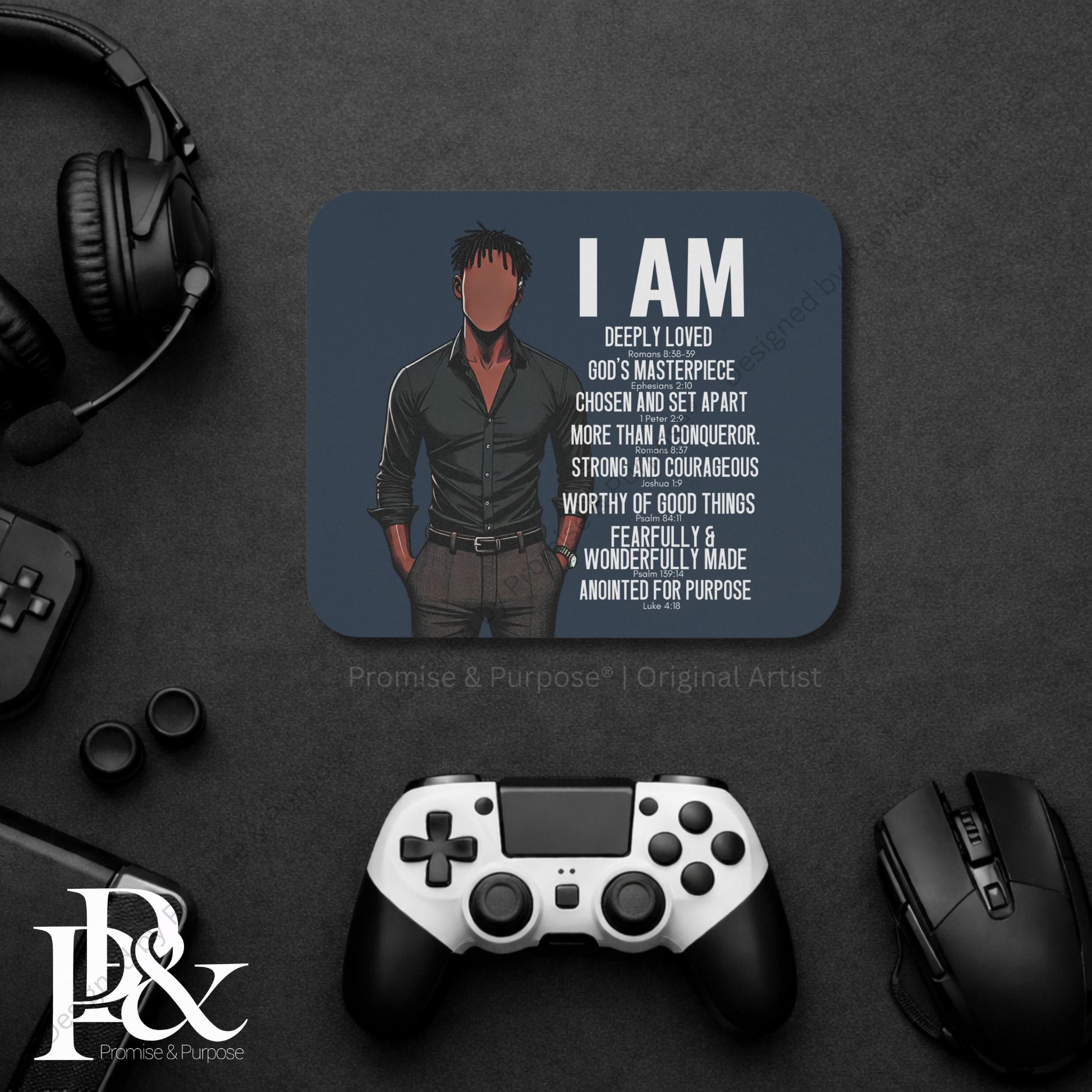 I Am Scripture Affirmation by Promise and Purpose mousepad for faith office desk decor and workspace inspiration