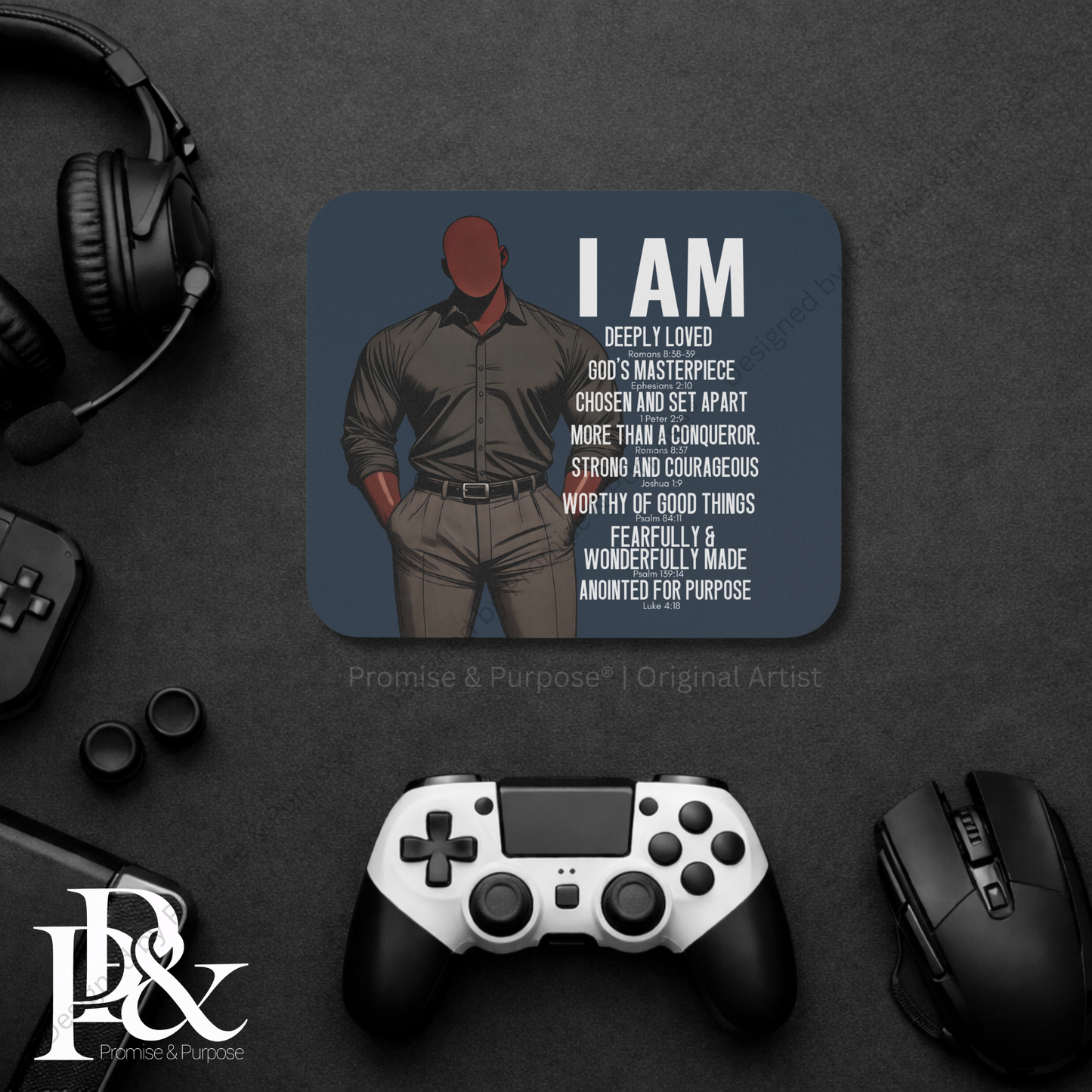 I Am Scripture Affirmation by Promise and Purpose mousepad for faith office desk decor and workspace inspiration