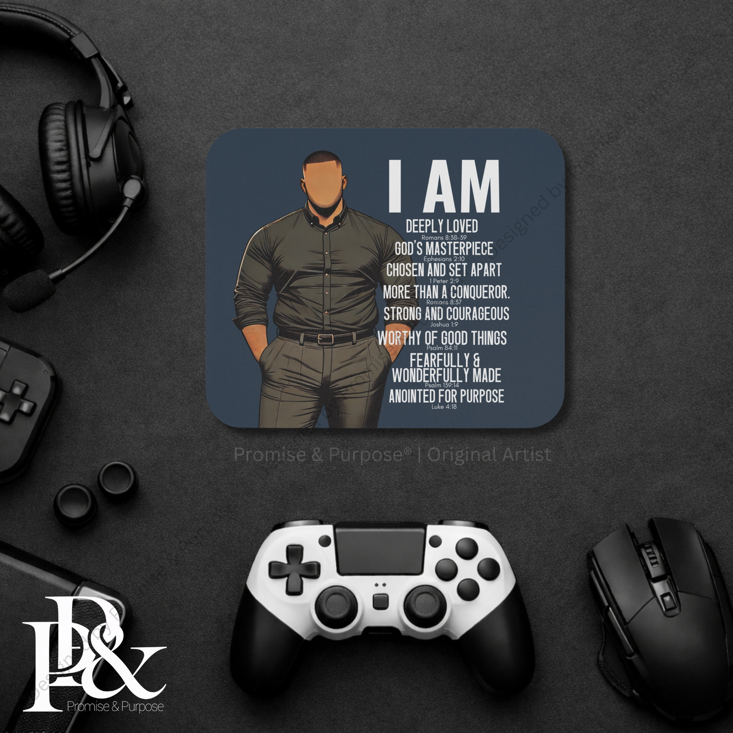 I Am Scripture Affirmation by Promise and Purpose mousepad for faith office desk decor and workspace inspiration