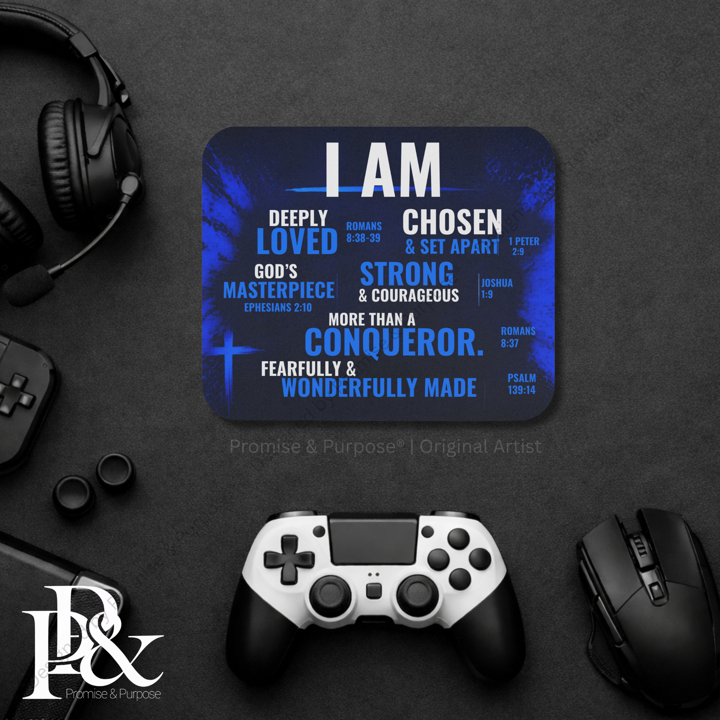 I Am Scripture Affirmation by Promise and Purpose mousepad for faith office desk decor and workspace inspiration