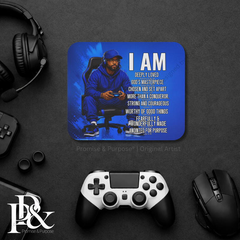 I Am Scripture Affirmation by Promise and Purpose mousepad for faith office desk decor and workspace inspiration