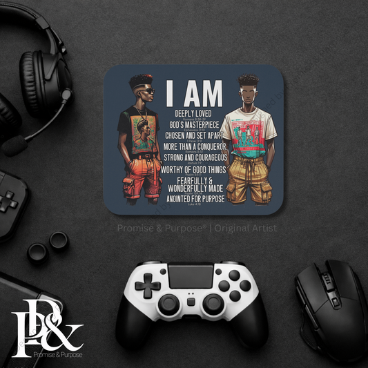 I Am Scripture Affirmation by Promise and Purpose mousepad for faith office desk decor and workspace inspiration