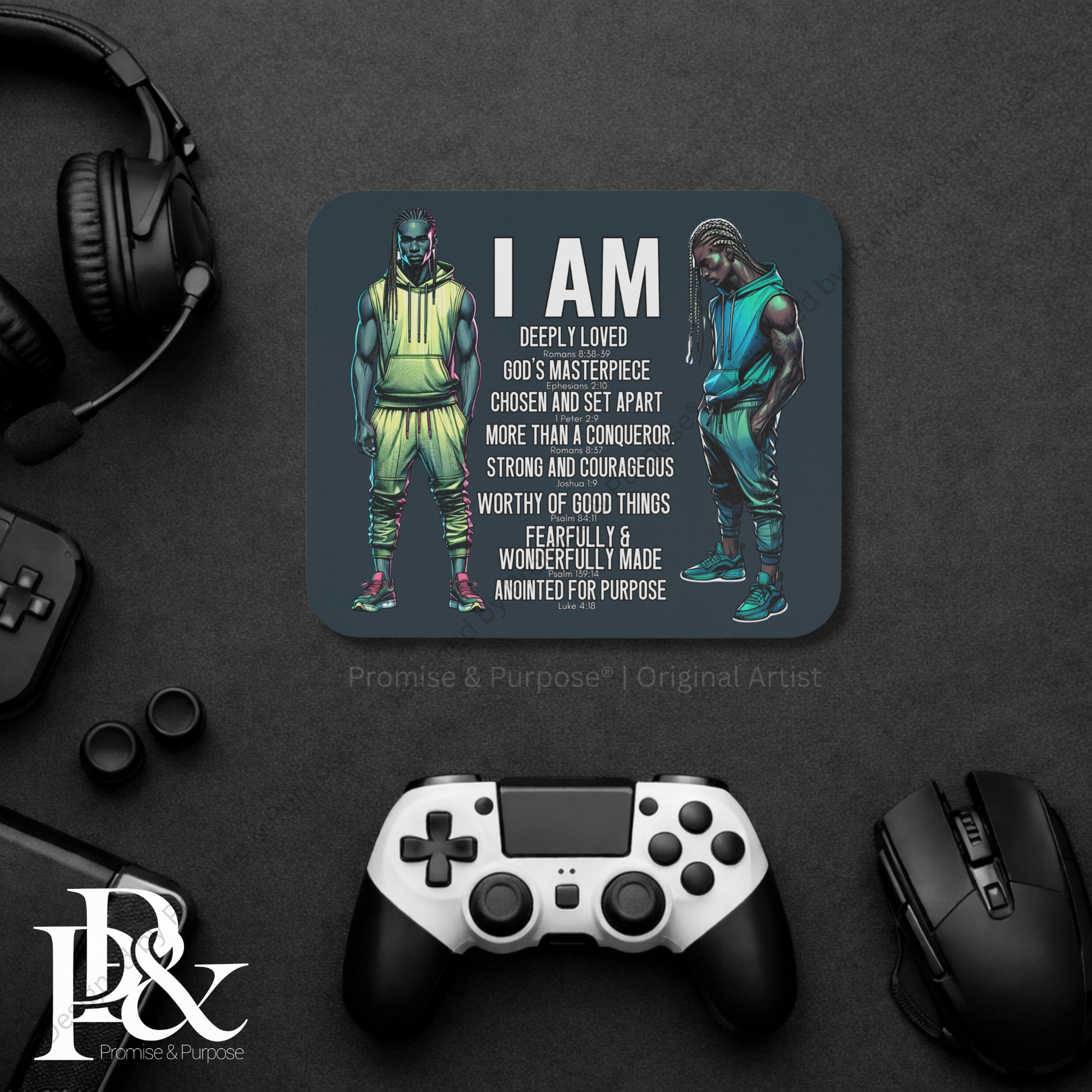 I Am Scripture Affirmation by Promise and Purpose mousepad for faith office desk decor and workspace inspiration