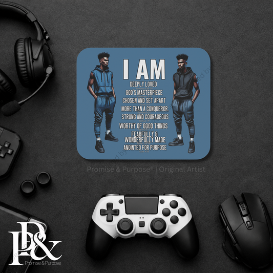 I Am Scripture Affirmation by Promise and Purpose mousepad for faith office desk decor and workspace inspiration