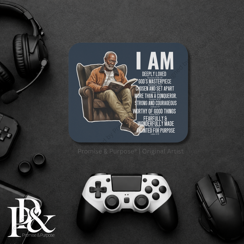 I Am Scripture Affirmation by Promise and Purpose mousepad for faith office desk decor and workspace inspiration