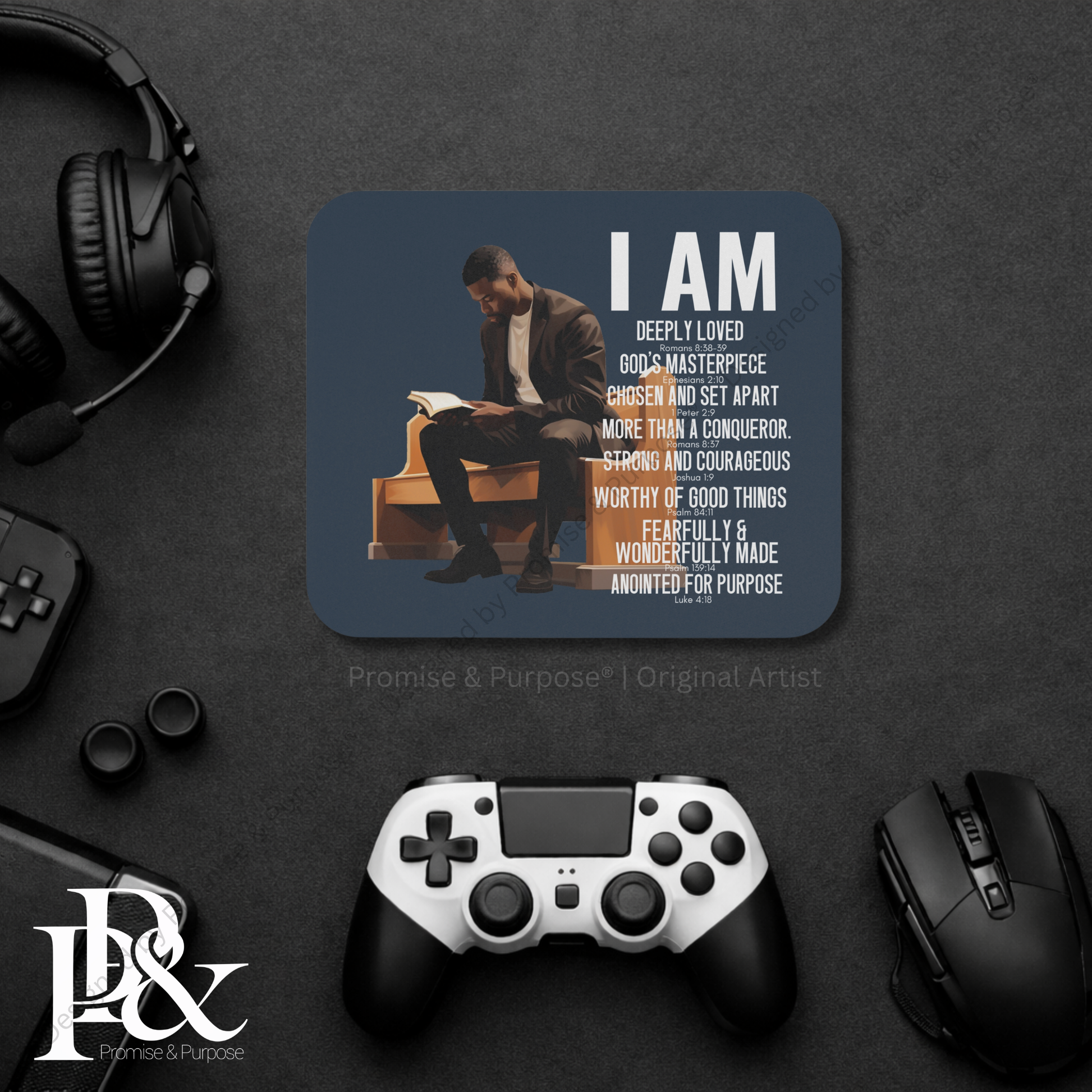 I Am Scripture Affirmation by Promise and Purpose mousepad for faith office desk decor and workspace inspiration