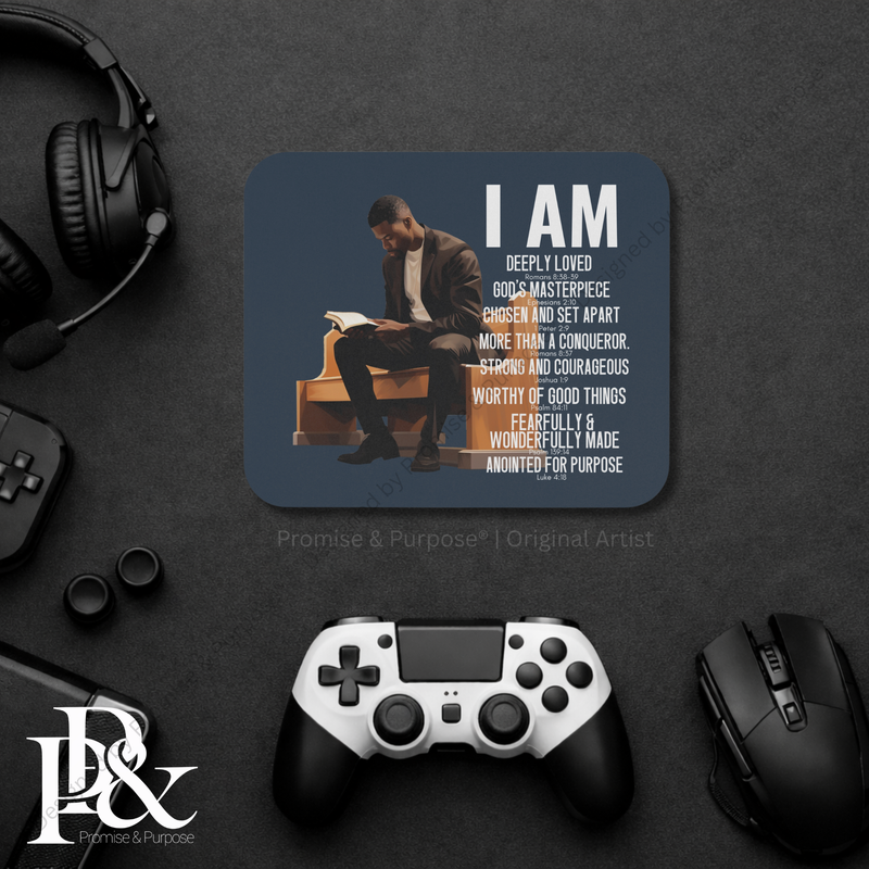 I Am Scripture Affirmation by Promise and Purpose mousepad for faith office desk decor and workspace inspiration