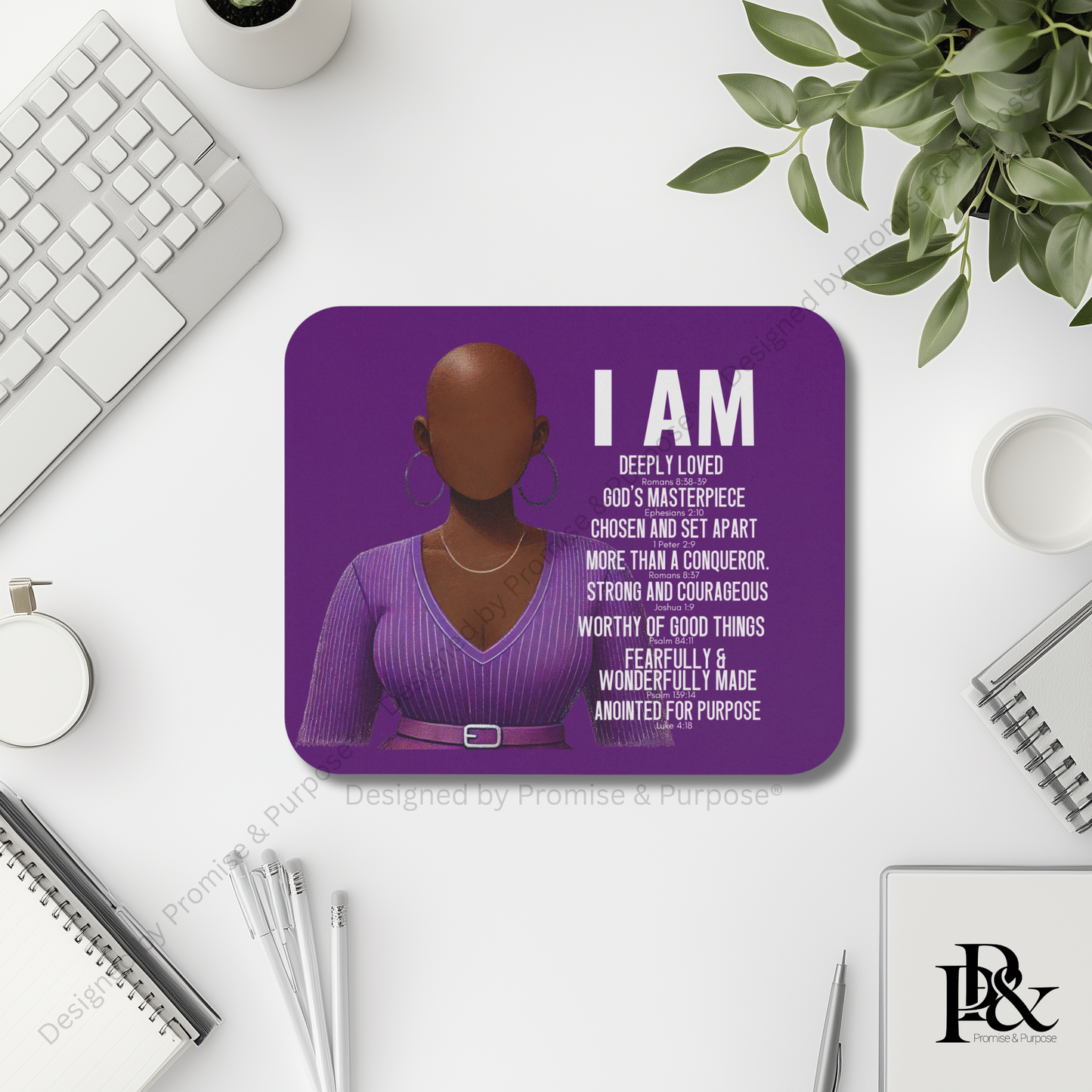 I Am Scripture Affirmation mousepad featuring Black woman illustration with Bible verse affirmations by Promise and Purpose
