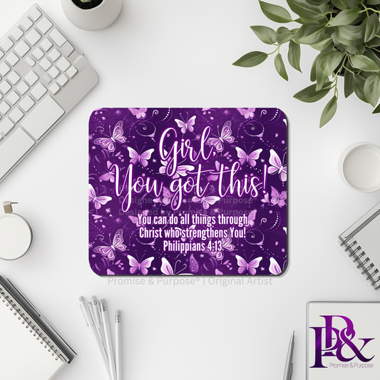 Girl You Got This™ Butterfly Edition Purple Awareness Mousepad featuring a vertical watercolor cluster of purple butterflies symbolizing hope, strength, and awareness