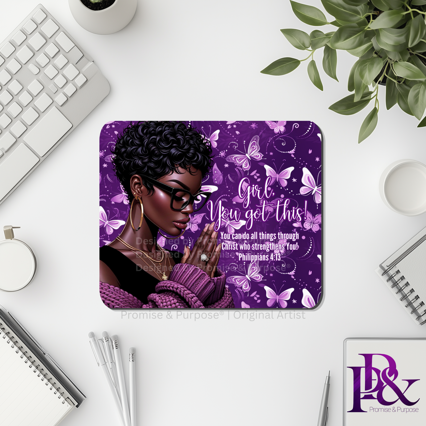 Girl You Got This™ Butterfly Edition Purple Awareness Mousepad featuring a vertical watercolor cluster of purple butterflies symbolizing hope, strength, and awareness