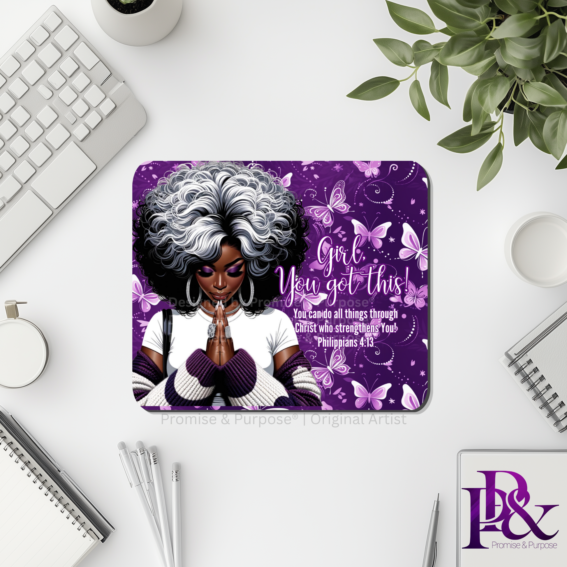 Girl You Got This™ Butterfly Edition Purple Awareness Mousepad featuring a vertical watercolor cluster of purple butterflies symbolizing hope, strength, and awareness