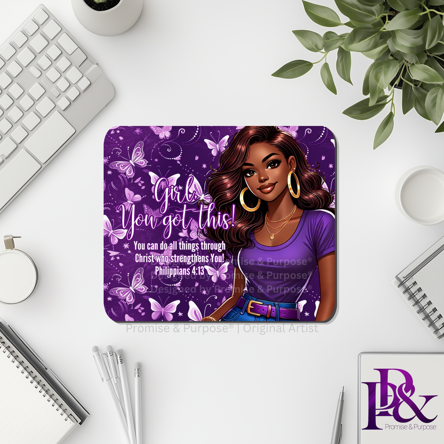 Girl You Got This™ Butterfly Edition Purple Awareness Mousepad featuring a vertical watercolor cluster of purple butterflies symbolizing hope, strength, and awareness