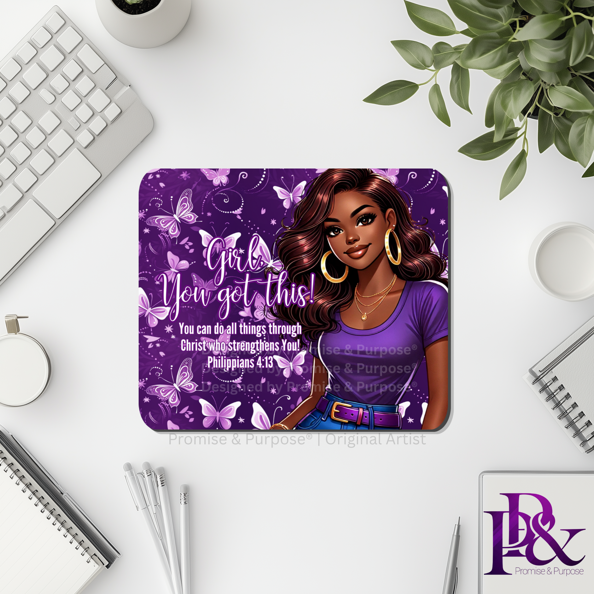 Girl You Got This™ Butterfly Edition Purple Awareness Mousepad featuring a vertical watercolor cluster of purple butterflies symbolizing hope, strength, and awareness
