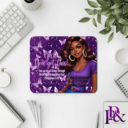 Girl You Got This™ Butterfly Edition Purple Awareness Mousepad featuring a vertical watercolor cluster of purple butterflies symbolizing hope, strength, and awareness