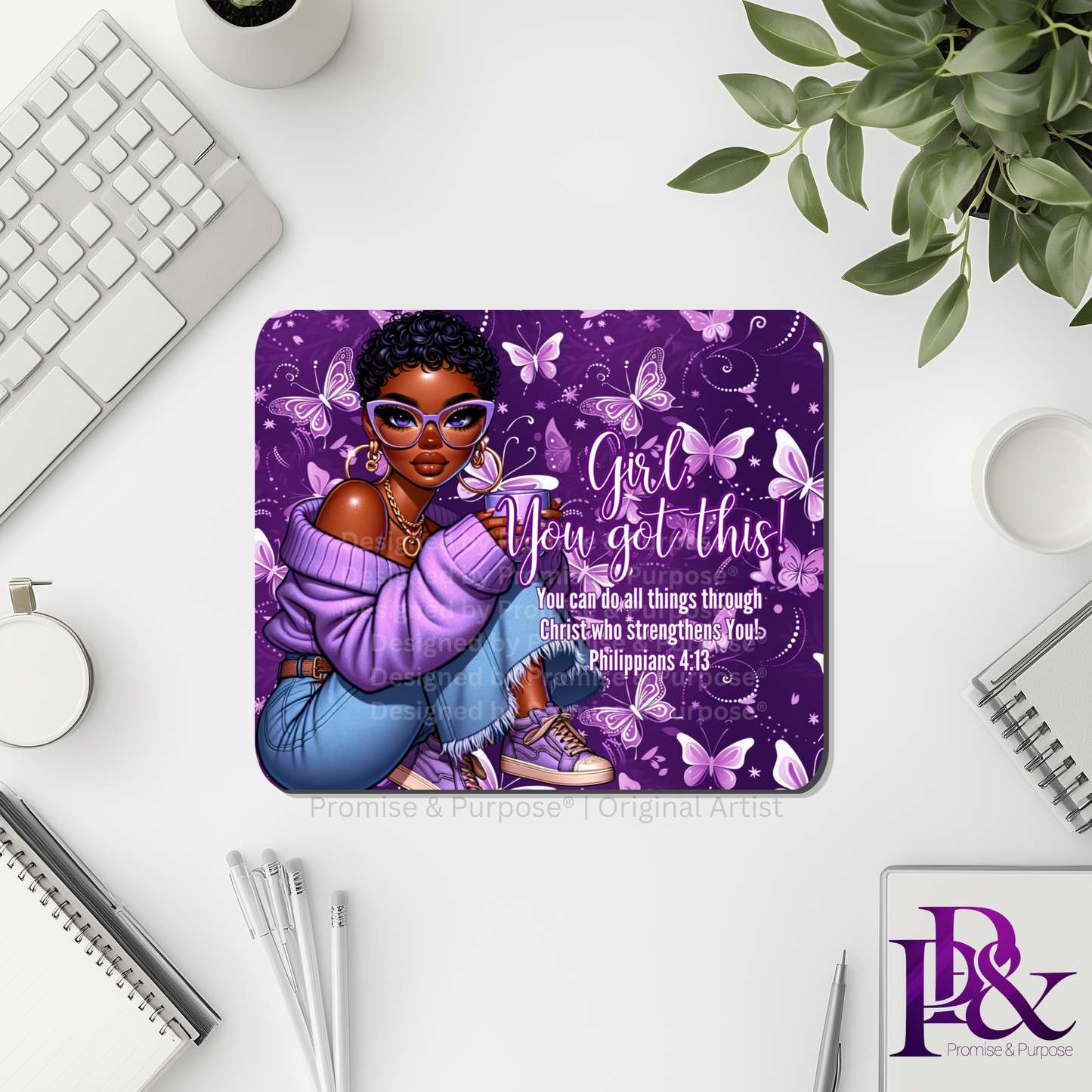 Girl You Got This™ Butterfly Edition Purple Awareness Mousepad featuring a vertical watercolor cluster of purple butterflies symbolizing hope, strength, and awareness