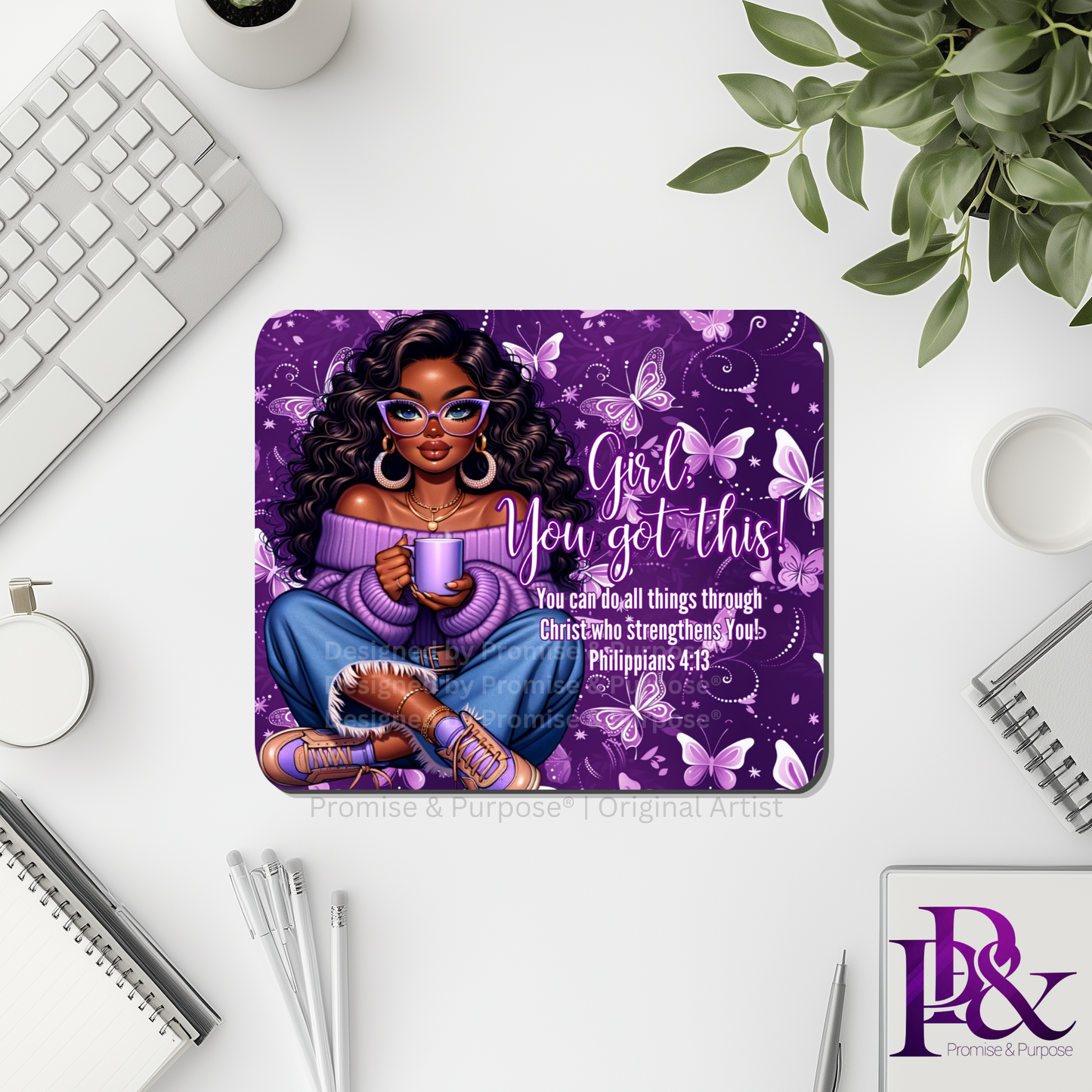Girl You Got This™ Butterfly Edition Purple Awareness Mousepad featuring a vertical watercolor cluster of purple butterflies symbolizing hope, strength, and awareness