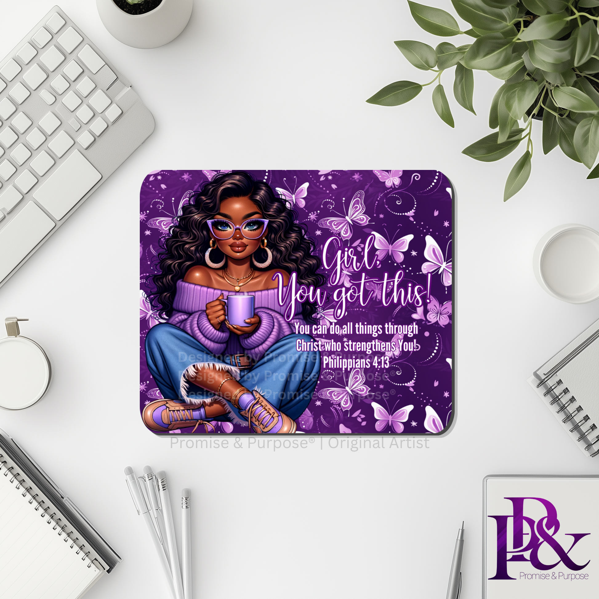 Girl You Got This™ Butterfly Edition Purple Awareness Mousepad featuring a vertical watercolor cluster of purple butterflies symbolizing hope, strength, and awareness