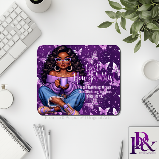 Girl You Got This™ Butterfly Edition Purple Awareness Mousepad featuring a vertical watercolor cluster of purple butterflies symbolizing hope, strength, and awareness