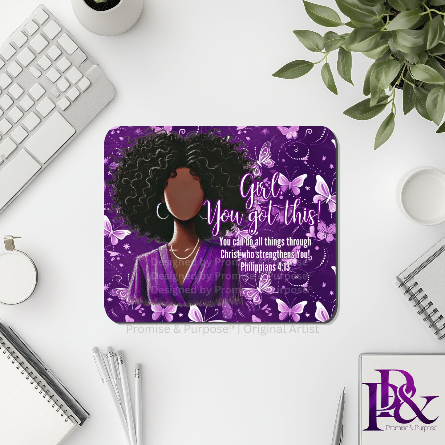 Girl You Got This™ Butterfly Edition Purple Awareness Mousepad featuring a vertical watercolor cluster of purple butterflies symbolizing hope, strength, and awareness