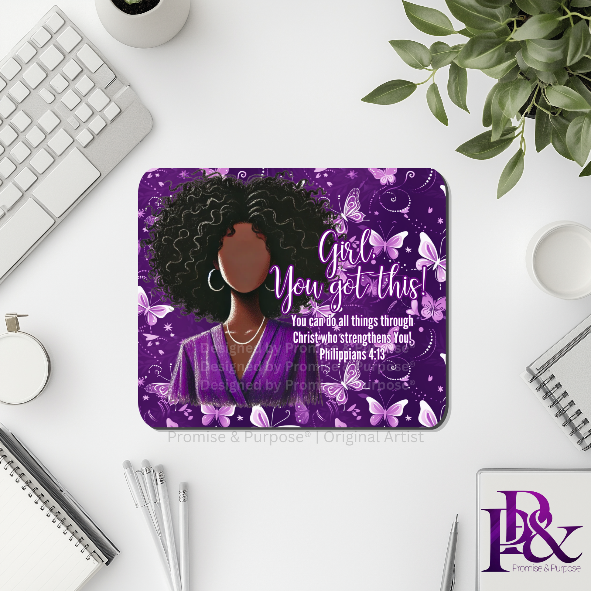 Girl You Got This™ Butterfly Edition Purple Awareness Mousepad featuring a vertical watercolor cluster of purple butterflies symbolizing hope, strength, and awareness