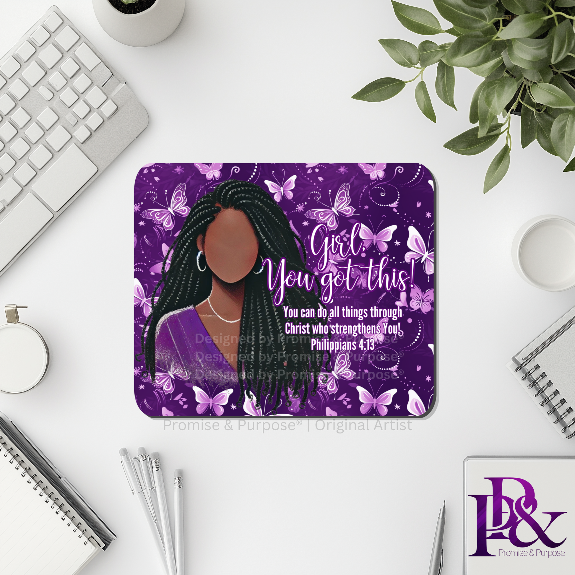 Girl You Got This™ Butterfly Edition Purple Awareness Mousepad featuring a vertical watercolor cluster of purple butterflies symbolizing hope, strength, and awareness