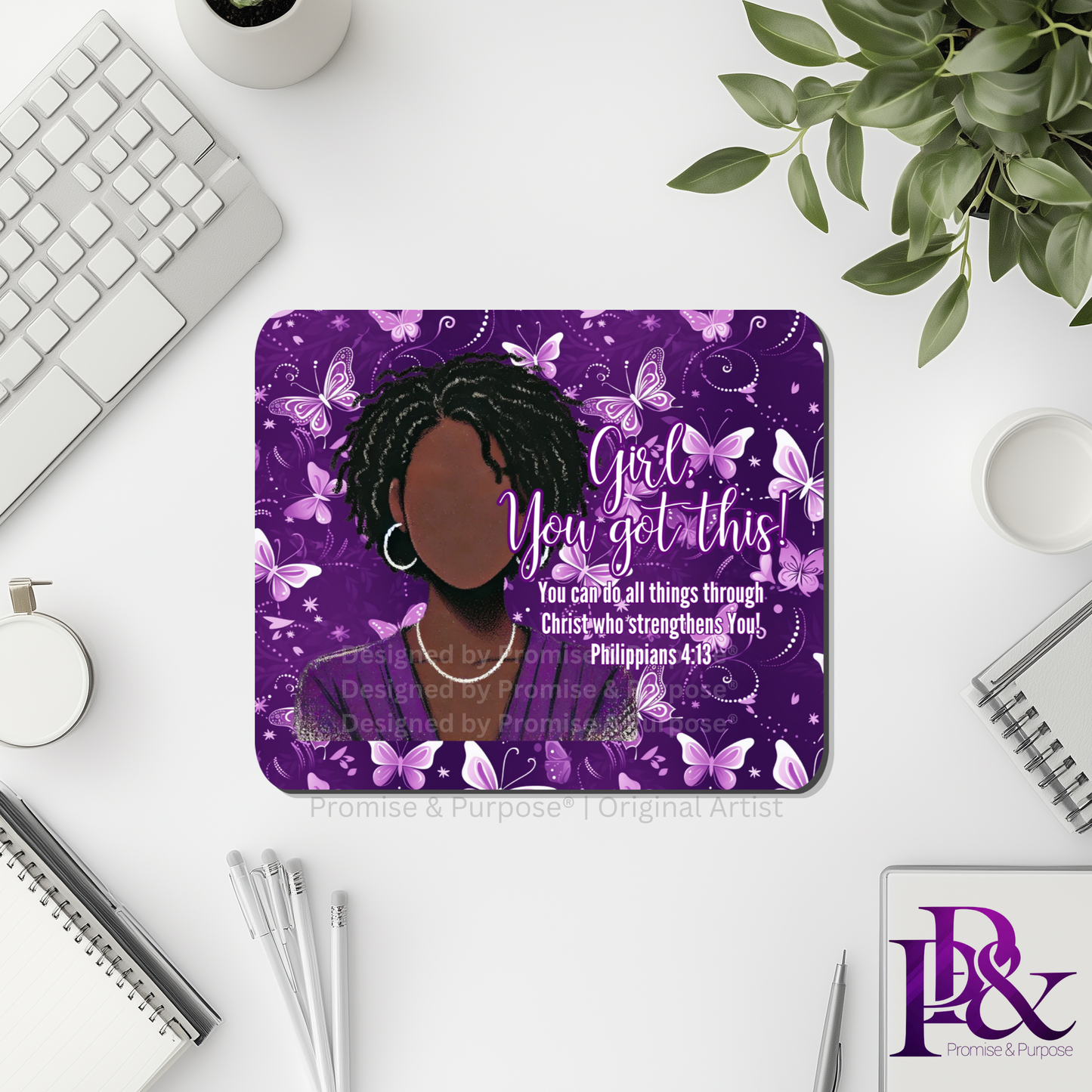 Girl You Got This™ Butterfly Edition Purple Awareness Mousepad featuring a vertical watercolor cluster of purple butterflies symbolizing hope, strength, and awareness