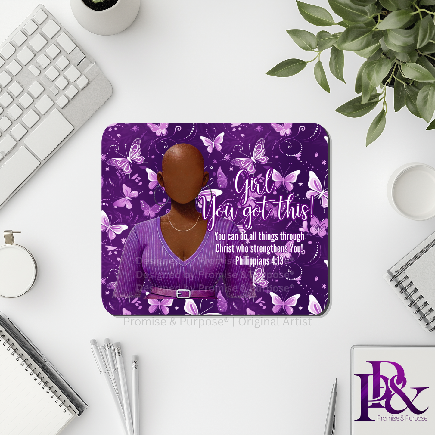 Girl You Got This™ Butterfly Edition Purple Awareness Mousepad featuring a vertical watercolor cluster of purple butterflies symbolizing hope, strength, and awareness