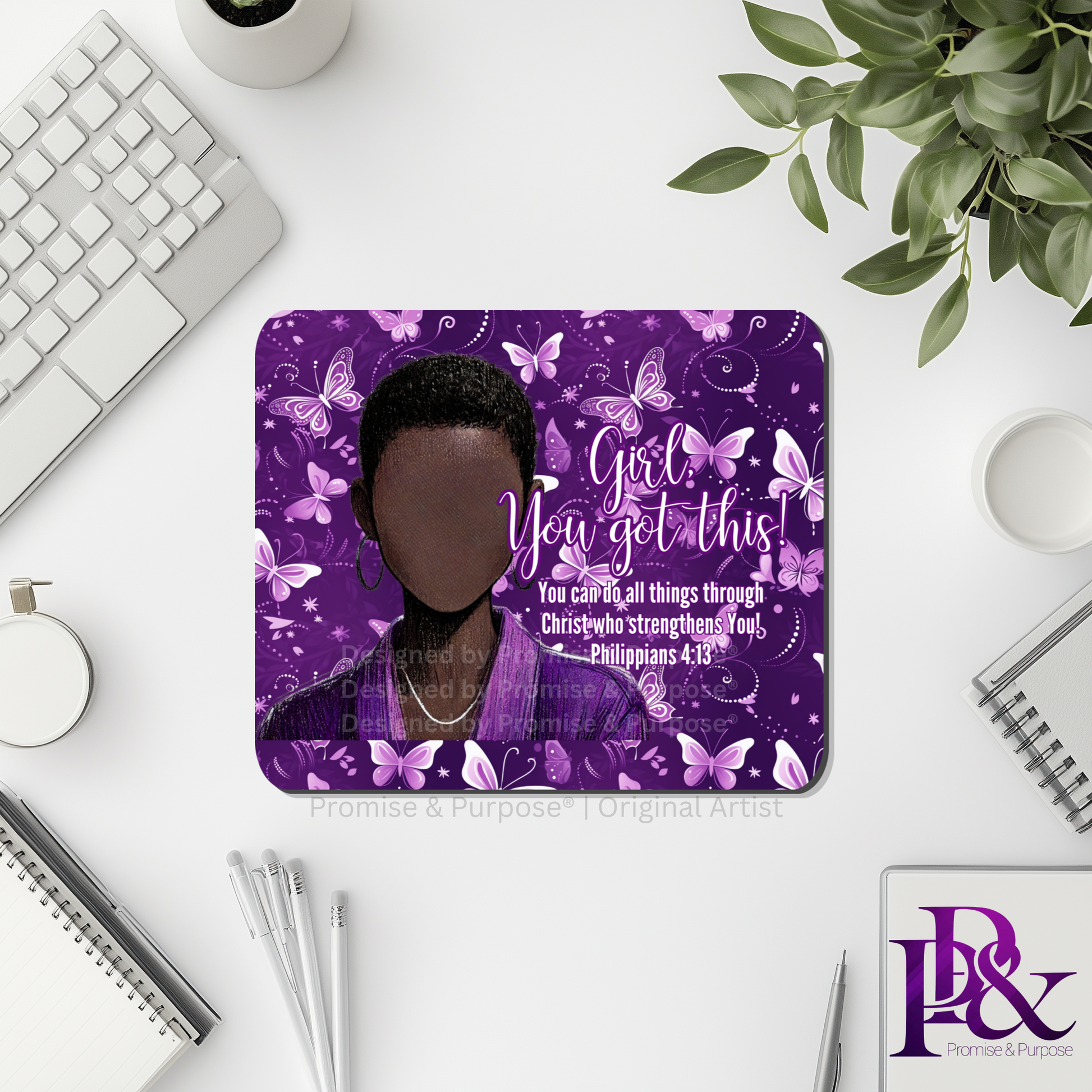 Girl You Got This™ Butterfly Edition Purple Awareness Mousepad featuring a vertical watercolor cluster of purple butterflies symbolizing hope, strength, and awareness