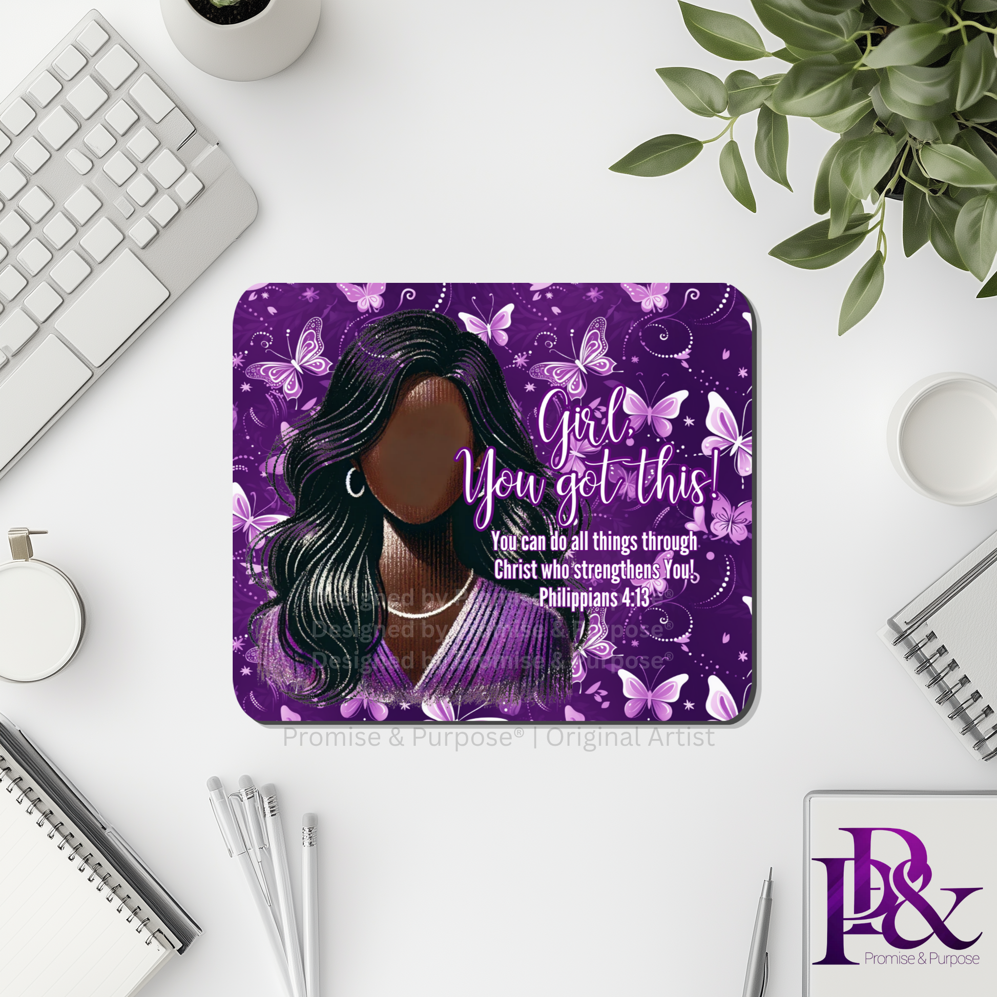 Girl You Got This™ Butterfly Edition Purple Awareness Mousepad featuring a vertical watercolor cluster of purple butterflies symbolizing hope, strength, and awareness