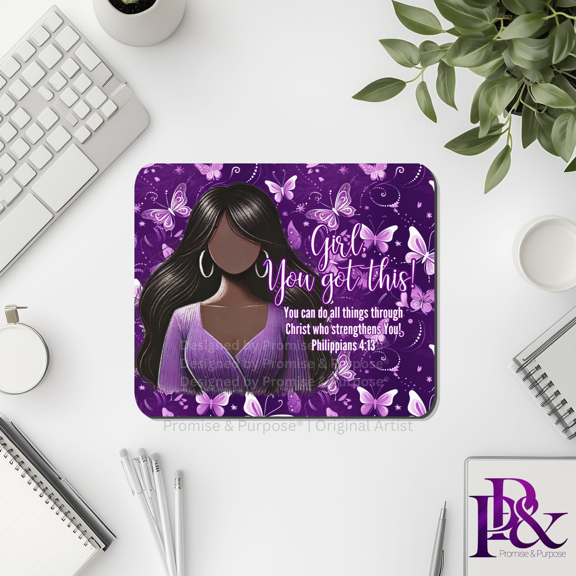 Girl You Got This™ Butterfly Edition Purple Awareness Mousepad featuring a vertical watercolor cluster of purple butterflies symbolizing hope, strength, and awareness