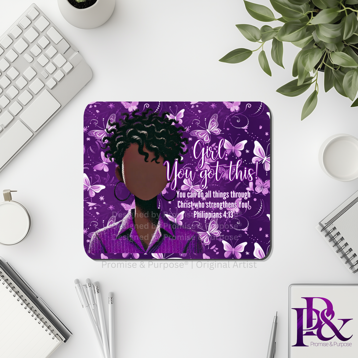 Girl You Got This™ Butterfly Edition Purple Awareness Mousepad featuring a vertical watercolor cluster of purple butterflies symbolizing hope, strength, and awareness