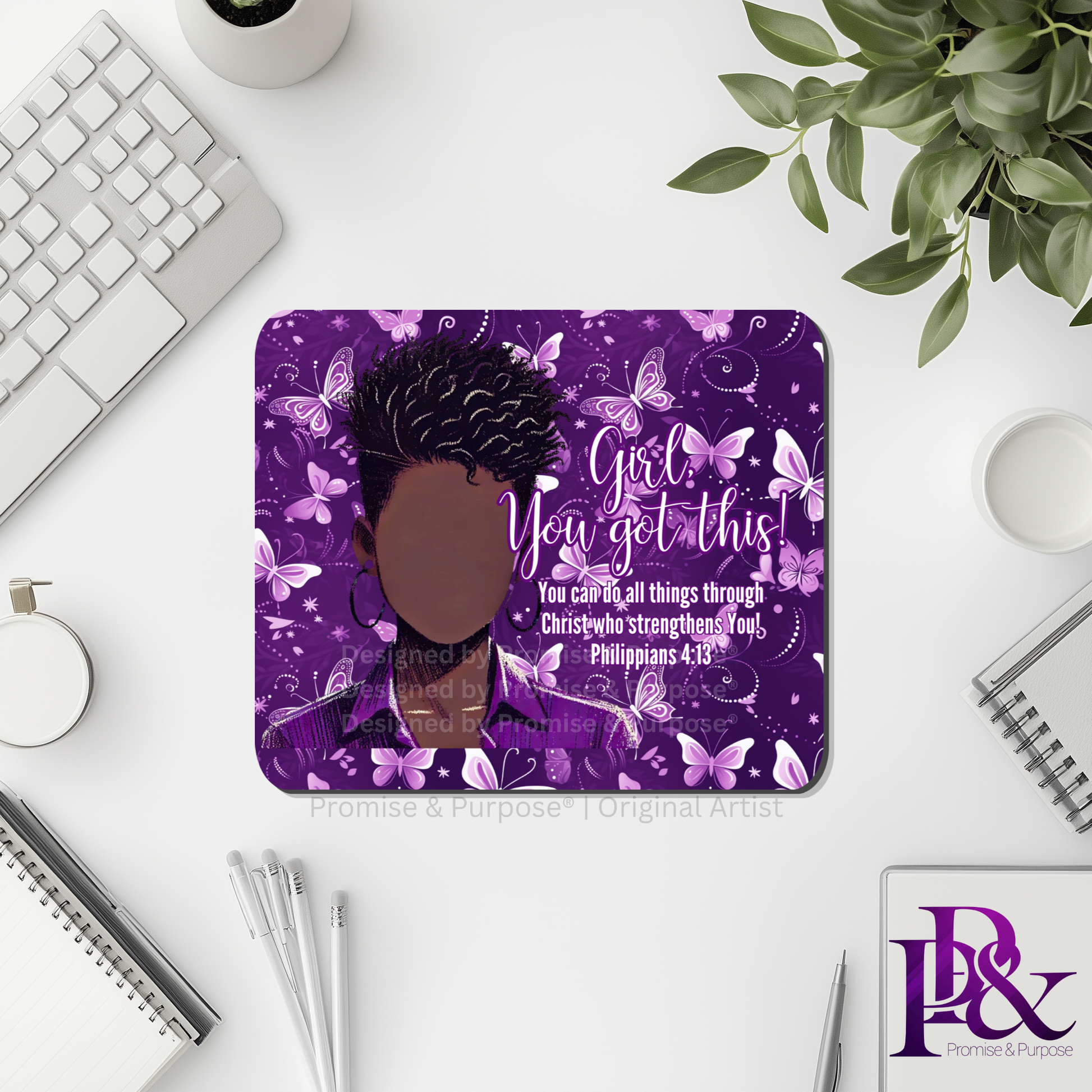 Girl You Got This™ Butterfly Edition Purple Awareness Mousepad featuring a vertical watercolor cluster of purple butterflies symbolizing hope, strength, and awareness