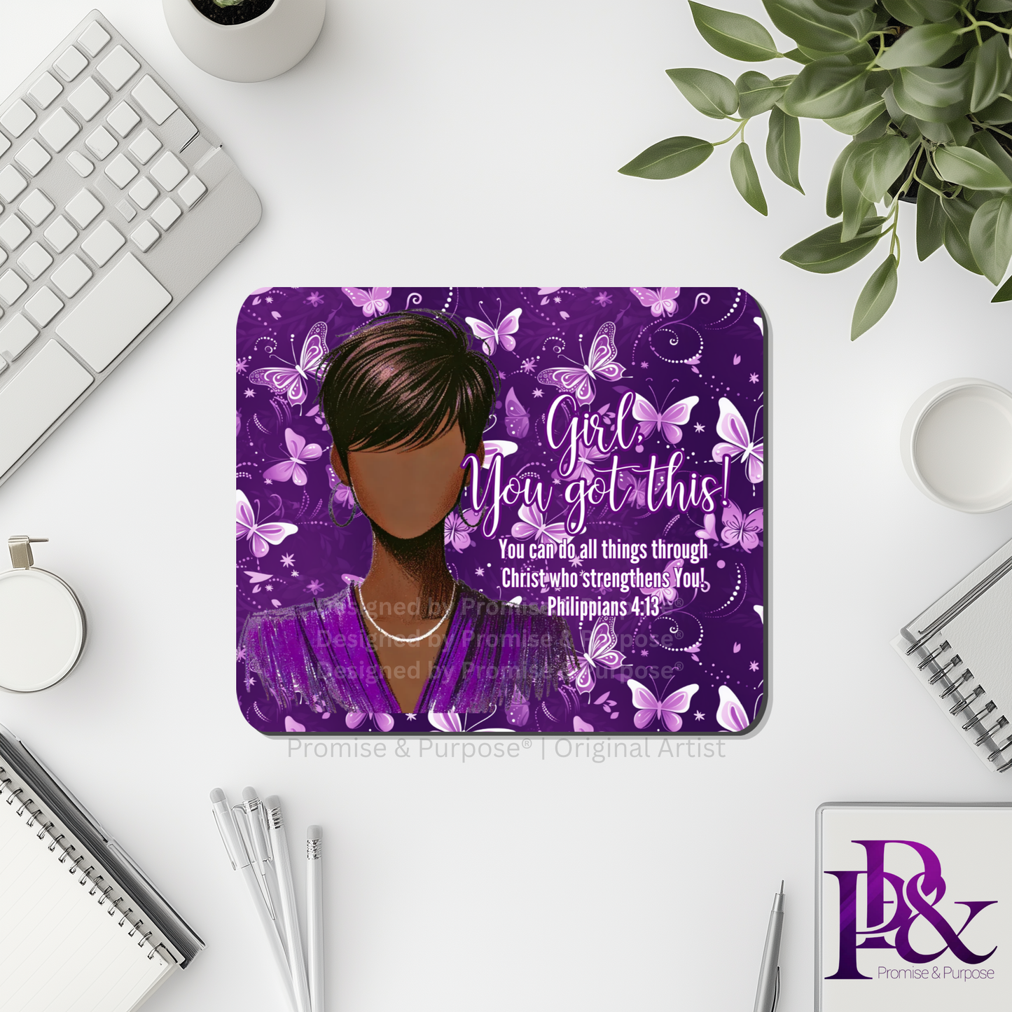 Girl You Got This™ Butterfly Edition Purple Awareness Mousepad featuring a vertical watercolor cluster of purple butterflies symbolizing hope, strength, and awareness