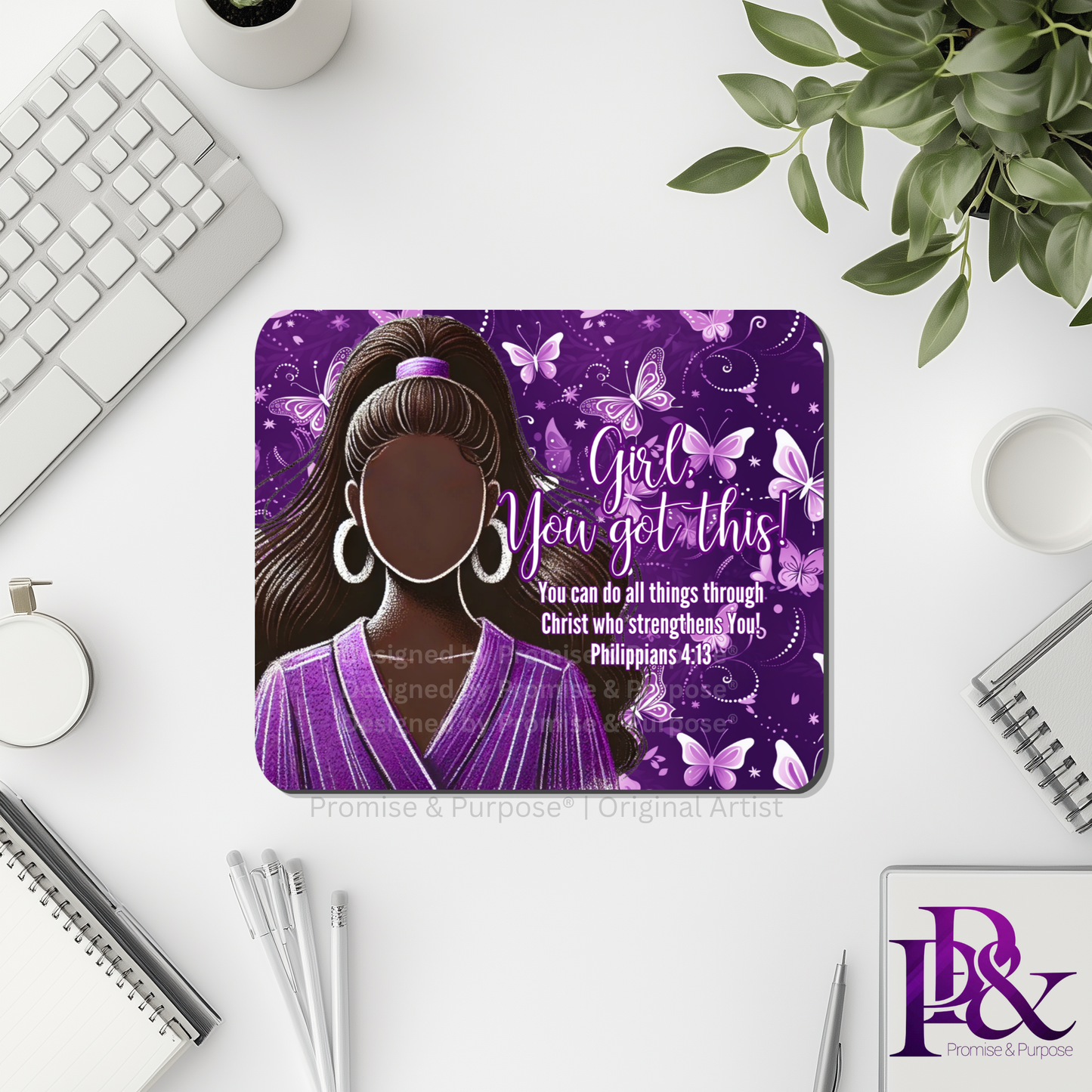 Girl You Got This™ Butterfly Edition Purple Awareness Mousepad featuring a vertical watercolor cluster of purple butterflies symbolizing hope, strength, and awareness
