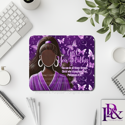 Girl You Got This™ Butterfly Edition Purple Awareness Mousepad featuring a vertical watercolor cluster of purple butterflies symbolizing hope, strength, and awareness