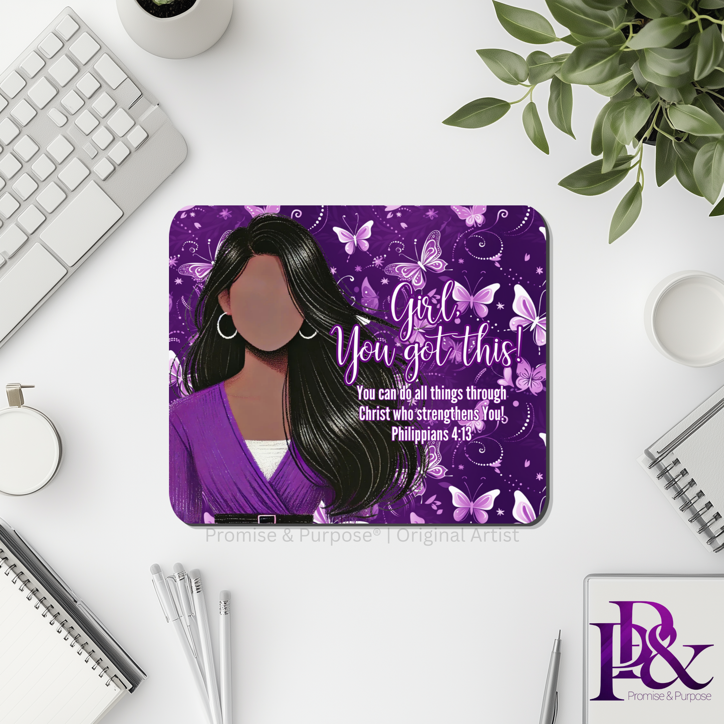 Girl You Got This™ Butterfly Edition Purple Awareness Mousepad featuring a vertical watercolor cluster of purple butterflies symbolizing hope, strength, and awareness